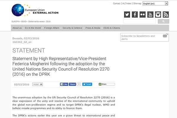 ▲ 유엔 안보리 대북제재 결의안 2270호가 만장일치로 통과된 뒤 EU는 페레리카 모게리니 EU 대외활동부 대표 명의 성명을 통해 결의안 이행을 위한 법제화를 서두르고, 대북제재를 강화하겠다는 성명을 내놨다. ⓒEU EEAS 성명 화면 캡쳐