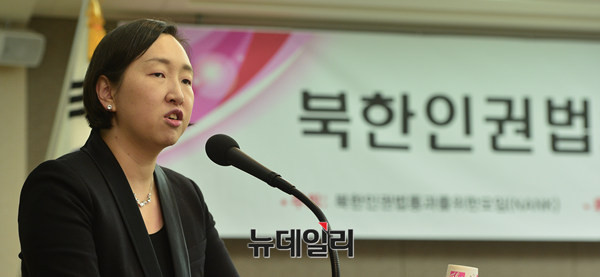 인지연 대표가 지난 2일 오전 한국프레스센터에서 '북한인권법의 나아갈 방향과 과제' 세미나를 개최하고 있다-정상윤 기자