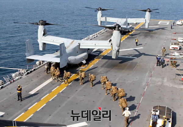 ▲ 쌍룡훈련에 참가하고 있는 미해병대와 MV-22 오스프리.ⓒ순정우 기자