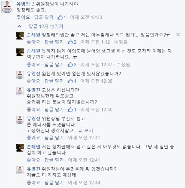 ▲ 손혜원 홍보위원장은 지난 17일, SNS상에서 정청래 의원의 지역구에 출마해줄 것을 요청하는 글이 올라오자 "정청래 의원만 좋고 저는 아무렇게나 되도 된다는 말씀이냐"며 "저는 정치판에서 얻고 싶은 게 아무것도 없다. 그냥 제 일만 충실히 하고 싶다"고 말했었다. ⓒ손혜원 홍보위원장 페이스북 화면 캡처