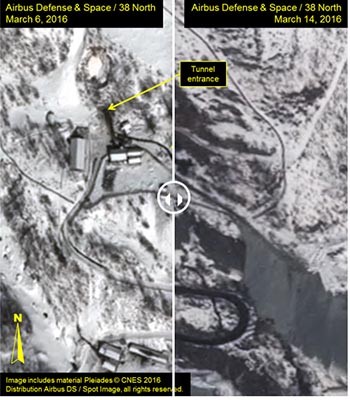北 풍계리 핵실험장을 촬영한, 지난 6일과 14일 사진. 눈을 치운 모습이 확연히 차이가 난다. ⓒ美38노스 화면캡쳐