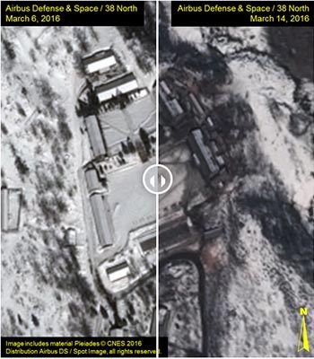 ▲ 北 풍계리 핵실험장을 촬영한, 지난 6일과 14일 사진. 차량이 이동한 타이어 자국부터 주변에 사람들이 돌아다닌 흔적 등이 보인다. ⓒ美38노스 화면캡쳐