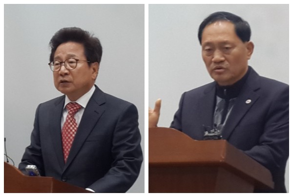 ▲ 청주 청원구에 무소속 출마를 선언한 새누리당 권태호 예비후보(왼쪽)와 불출마를 선언한 더불어민주당 이종윤 예비후보.ⓒ김종혁 기자