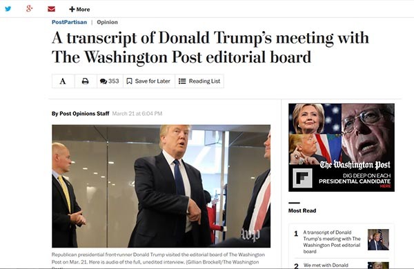 ▲ 지난 21일(현지시간) 美워싱턴포스트(WP) 경영진, 편집자들과 만난 도널드 트럼프는 주요 동맹국은 스스로 방어해야 한다는 주장을 펼쳤다. 사진은 WP에 게재된 당시 대화록 화면. ⓒ美워싱턴포스트 화면 캡쳐