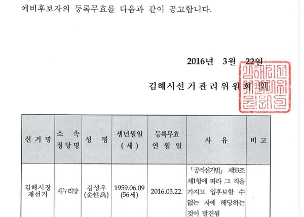 ▲ 김해선관위 등록무효공고 ⓒ뉴데일리