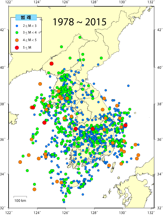 ▲ 1978년부터 2015년까지 한반도 일대 지진 진앙지 분포도. ⓒ기상청 제공