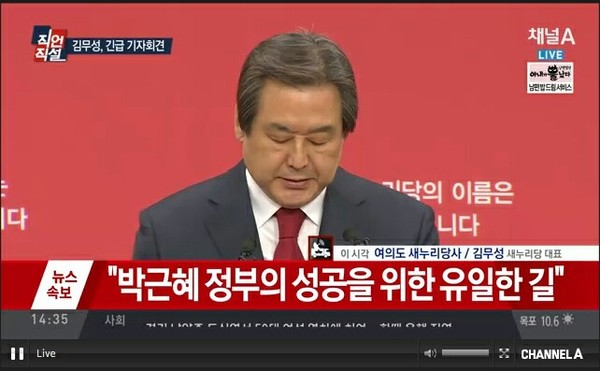 ▲ 24일 당사에서 기자회견을 하고 있는 김무성 새누리당 대표.ⓒ채널A 방송화면