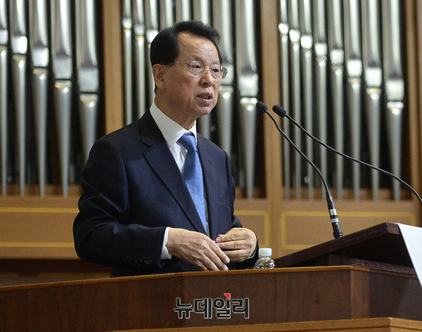 ▲ 이승만 141주년 기념식에서 설교하는 명성교회 김삼환 목사. ⓒ뉴데일리 정상윤 기자