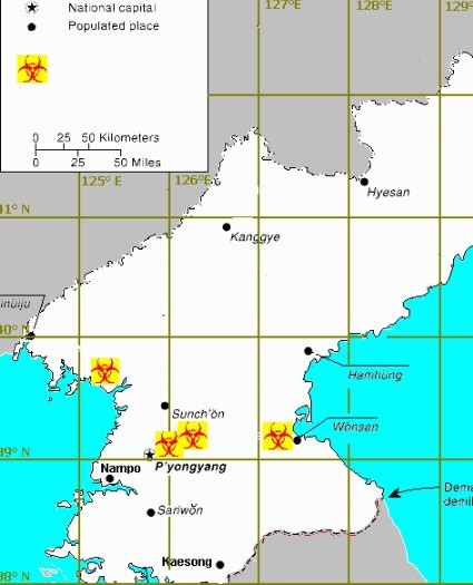 ▲ 북한의 생물무기 저장 및 생산 지역/美FAS