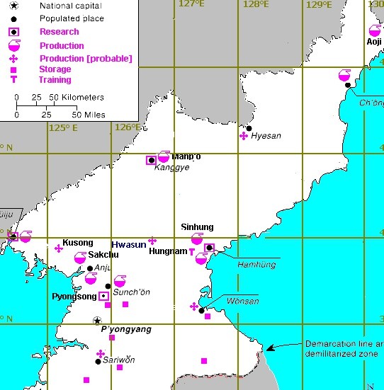▲ 북한의 화학무기 생산 및 저장시설/美FAS
