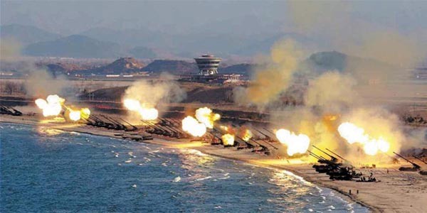 ▲ 지난 25일 北노동신문이 게재한, 강원도 원산에서의 장사정포 사격훈련. ⓒ조선닷컴 화면캡쳐