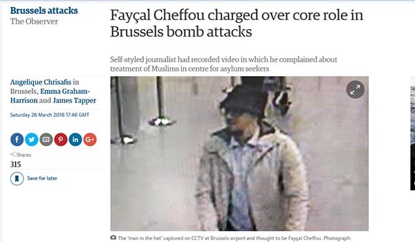 ▲ 英'가디언'은 사흘째 벨기에 브뤼셀 테러에서 핵심적인 역할을 했을 것으로 추정되는 '페이칼 세푸'의 이야기를 보도하고 있다. ⓒ英 가디언 보도화면 캡쳐