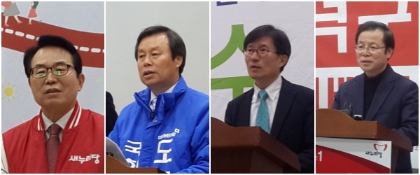 ▲ 충북 청주시 흥덕구에 출마한 새누리 송태영 후보(왼쪽부터), 더민주 도종환 후보, 국민의당 정수창 후보, 무소속 김준환 후보.ⓒ김종혁 기자