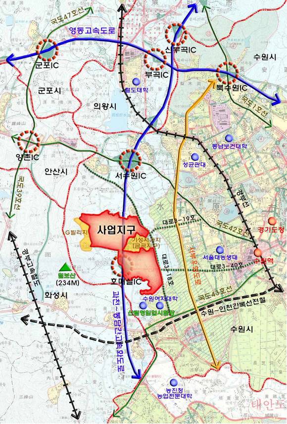 ▲ 경기 수원시 호매실지구가 서울 외곽에 거주하면서 강남권으로 출퇴근하는 30~40대 전세 난민들의 주거지로 주목받고 있다. 사진은 호매실지구 위치도.ⓒ수원시청