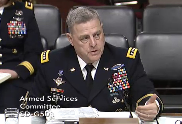 ▲ 미국의 마크 밀리 육군참모총장이 7일 상원 군사위원회 청문회에 출석해 발언하는 모습.(사진 캡쳐)
