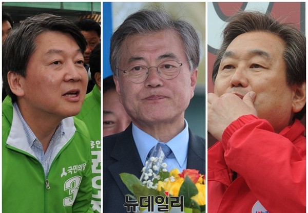 ▲ 왼쪽부터 안철수 국민의당 대표, 문재인 전 더민주 대표, 김무성 새누리당 대표 ⓒ 뉴데일리 DB