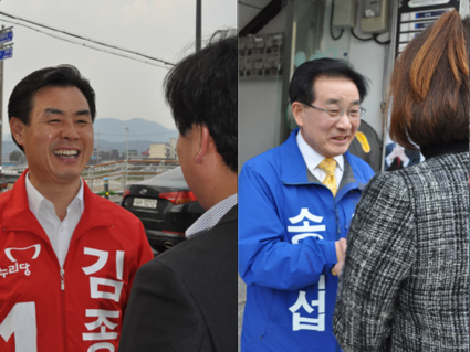▲ 충북 진천군수 재선에 출마한 새누리당 김종필 후보(왼쪽)와 더불어민주당 송기섭 후보.ⓒ뉴데일리 신현구 기자