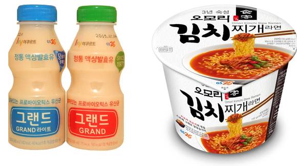 ▲ GS25 PB 제품 '야쿠르트 그랜드(좌)', '오모리김치찌개라면'. ⓒGS25