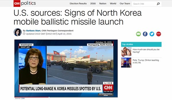 ▲ 美CNN은 지난 12일(현지시간) "美정찰위성이 북한의 이동식 탄도 미사일 발사 준비 조짐을 포착했다"고 美국방부 발로 보도했다. ⓒ美CNN 관련보도 화면캡쳐