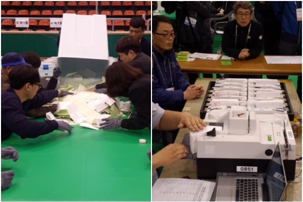 ▲ 충북 청주의 한 개표소에서 20대 총선 개표가 진행되고 있다.ⓒ김종혁 기자