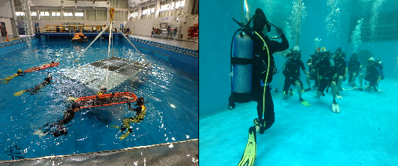 ▲ 왼쪽, 선내 생존자 구조훈련 오른쪽, 수중 적응훈련 모습. ⓒ안전처 제공