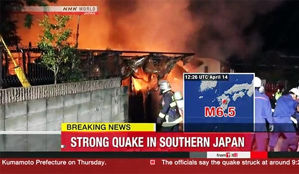 ▲ 지난 14일 밤, 日규슈 지역 구마모토현에서 진도 6.5의 강진이 발생했다. 15일 날이 밝은 뒤 집계된 피해규모는 9명 사망 950여 명 부상 등으로 나타났다. ⓒ日NHK월드 속보화면 캡쳐