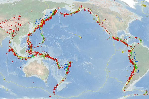 환태평양 조산대와 주변의 지진 및 화산분포도. ⓒ美USC大-USGS 자료 캡쳐
