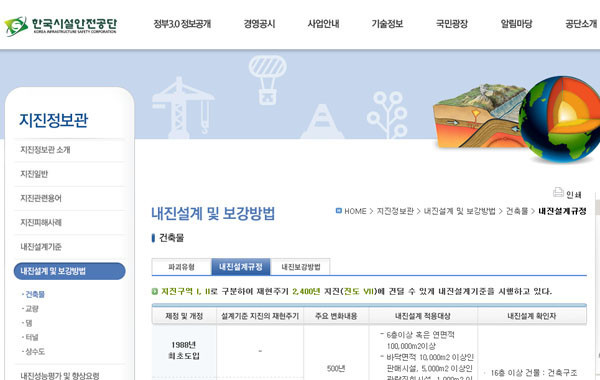 ▲ 한국시설안전공단에는 건축법에 따른 내진설계에 대한 상세한 소개가 나와 있다. ⓒ한국시설안전공단 홈페이지 캡쳐