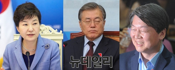 ▲ 좌측부터 박근혜 대통령, 문재인 전 더불어민주당 대표, 안철수 국민의당 대표. ⓒ뉴데일리 DB
