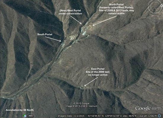 ▲ 2015년 12월 촬영한 北함경북도 길주군 풍계리 핵실험장 일대 위성사진. ⓒ美38노스 관련 화면 캡쳐