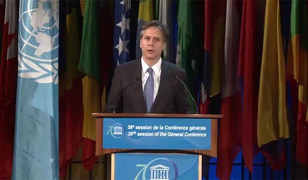 ▲ 과거 유네스코에서 연설하는 토니 블링큰 美국무부 부장관의 모습. ⓒ美국무부 유튜브 채널 캡쳐