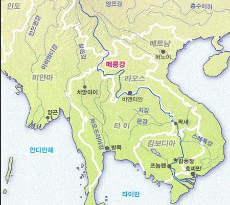 ▲ 메콩강 지도. 중국에서 발원하지만 인도차이나 반도의 거의 모든 국가를 거치는, 거대한 강이다. ⓒ두산백과 화면캡쳐