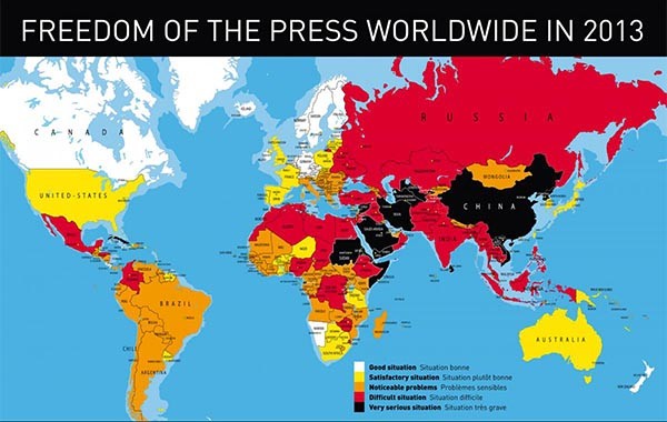 ▲ '국경없는 기자회'가 발표한 2013년 세계 언론 자유도 지도. 검은색은 '언론의 자유'가 없는 나라다. 이 가운데 中공산당은 이제 언론 뿐만 아니라 민간 증권사 애널리스트, 연구기관의 보고서까지 검열하고 있다. ⓒ국경없는 기자회 자료 캡쳐
