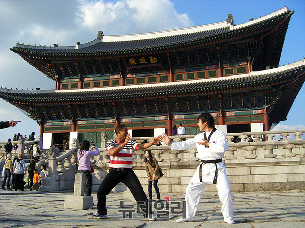 ▲ 경복궁에서 외국인들과 태권도를 홍보하는 국제 자원봉사 활동 ⓒ뉴데일리 사진 DB