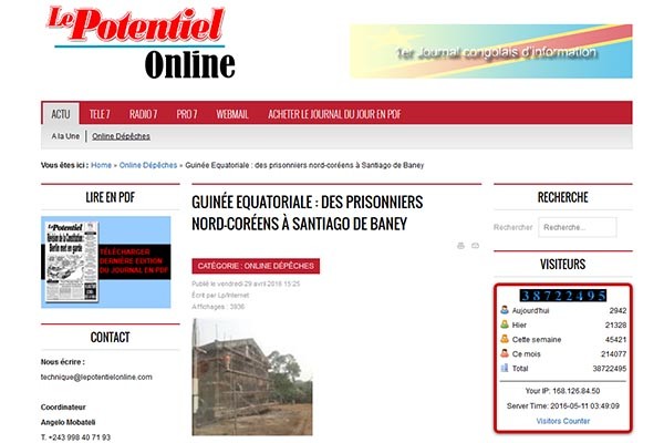 ▲ 북한이 독재국가 적도기니의 한 소도시에서 비밀 강제수용소를 운영 중이라는 의혹이 제기됐다. ⓒ민주콩고 일간지 '르 포텡시엘' 온라인판 관련기사 캡쳐