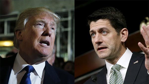 ▲ 도널드 트럼프와 폴 라이언 하원의장이 2016 대선 승리를 위해 손잡기로 했다. ⓒ美공영 PBS방송 화면캡쳐