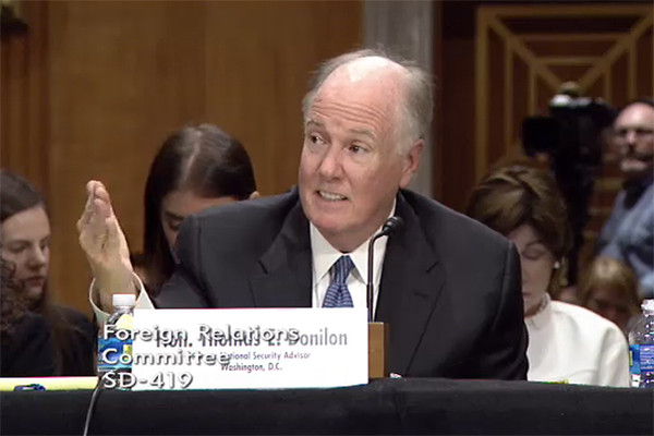 ▲ 미국의 톰 도닐런 전 백악관 국가안보보좌관이 12일 상원 외교위원회 청문회에 출석해 발언하고 있는 모습. 사진제공-미 상원
