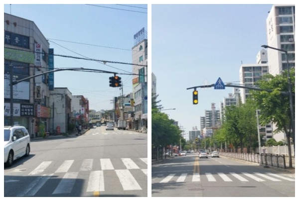 ▲ 충북 청주시에서 운영중인 4거리 아치형(왼쪽)과 교차로 아치형 설치 모습.ⓒ청주시