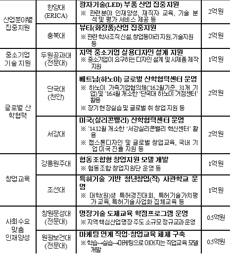 ▲ '산학협력 모델 개발 시범사업' 대학별 주요 사업. ⓒ교육부