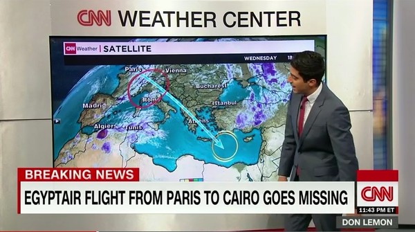▲ 실종된 이집트 여객기가 그리스에서 발견됐다는 CNN의 속보 화면 ⓒ美CNN 관련속보 화면캡쳐