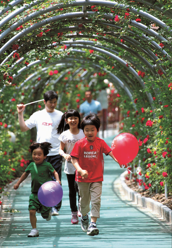 ▲ 단양 장미길을 찾은 가족단위 관광객들이 즐거운 시간을 보내고 있다.ⓒ단양군