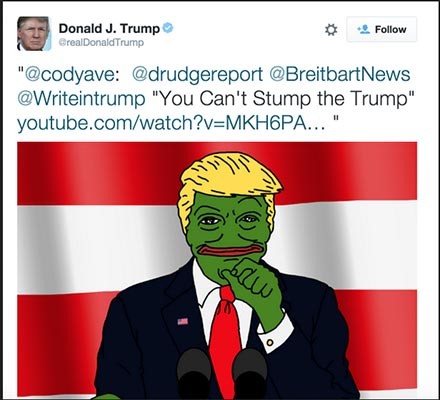美공화당 대선경선에서 '막말'과 '혐오'를 통해 대중적 인기를 얻은 트럼프가 서서히 변하는 모습을 보이고 있다. 사진은 '개구리'와 자신의 헤어스타일을 합성, 공식 트윗에 올린 트럼프. ⓒ도널드 트럼프 트윗 계정 캡쳐