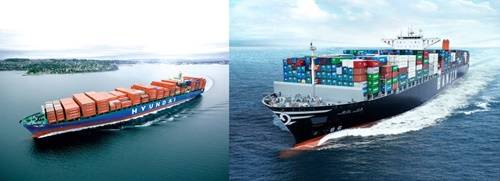 ▲ 현대상선(왼쪽)과 한진해운(오른쪽)의 컨테이너선 모습.ⓒ각 사