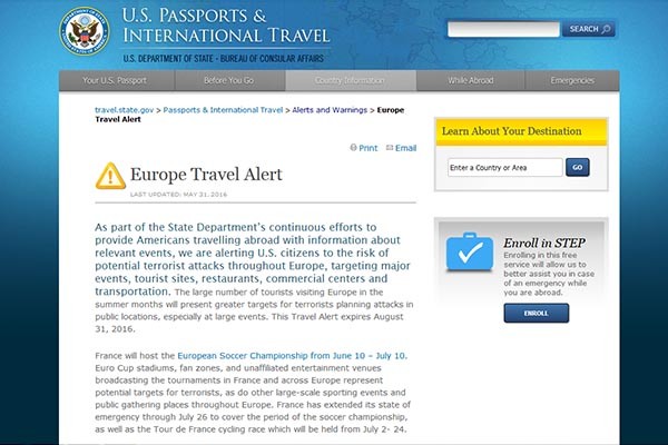 ▲ 美국무부는 지난 5월 31일(현지시간) 유럽여행경보를 발령했다. ⓒ美국무부 여행경보 홈페이지 캡쳐