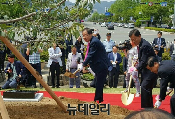 ▲ 1일 경남도청에서 홍준표 경남도지사가 식수식을 가지고 있다.ⓒ뉴데일리 안병곤 기자