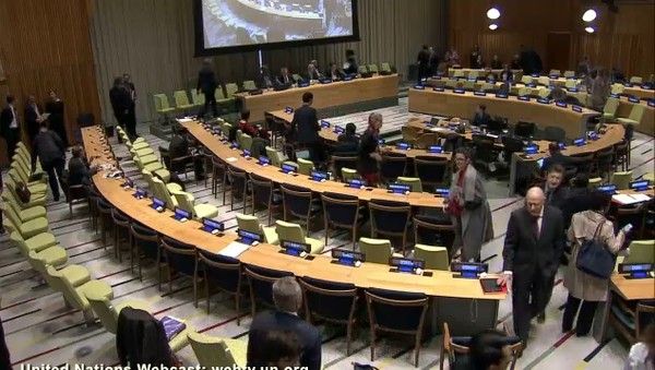 ▲ 지난달 12일 미국 뉴엔본부에서 차기 사무총장에 도전하는 후보들의 토론회가 열렸다. 사진은 토론회가 시작되기 전 모습.ⓒUN WEB TV.