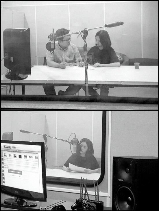 ▲ 영상을 기획한 서경덕 교수와 내레이션을 재능기부한 걸스데이 혜리가 녹음실에서 함께 작업하는 모습.