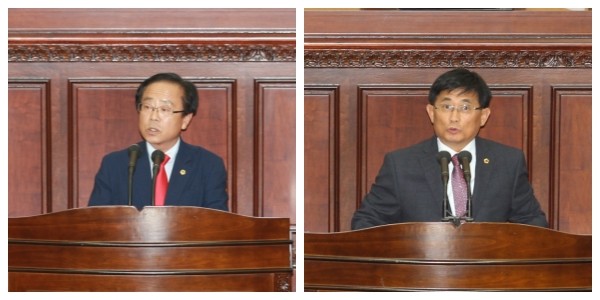 ▲ 충북도의회 문장대온천개발저지특별위원회 임회무 위원장(왼쪽)과 임순묵 부위원장이 8일 도의회 정례회에서 각각 5분발언을 하고 있다.ⓒ충북도의회