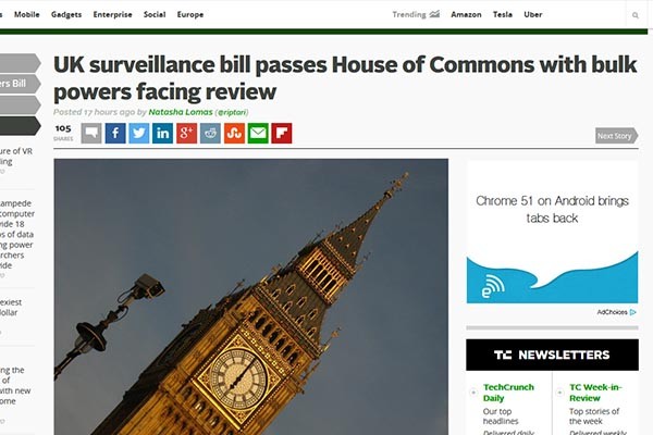▲ 英사이버테러방지법이 지난 7일(현지시간) 하원에서 압도적인 표차로 통과됐다고 주요 외신들이 전했다. 특히 기술관련 매체들은 이 소식을 집중보도했다. ⓒ美AOL 계열 '테크처치' 관련보도 캡쳐