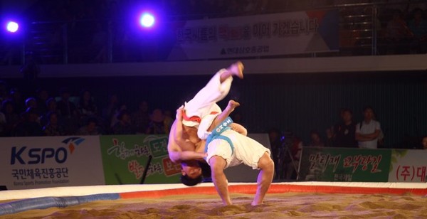 ▲ 용인대 샅바 씨름 기술 시범 모습.ⓒ보은군